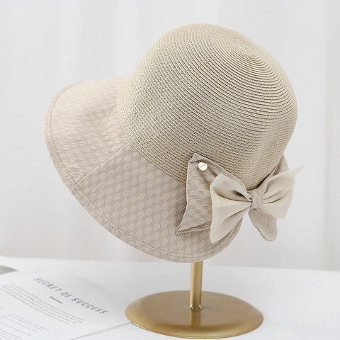 Women Straw Sun Hat French Retro Mesh Bow Bucket Hat UV Protection Large Brim Breathable Elegant Summer Beach Travel Cap