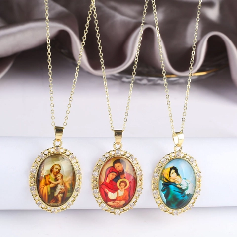 Religiöses Porträt Kupfer Anhänger Halskette Damen Vintage Zirkonia Eingelegt Gold Überzogen Oval Medaillon Schmuck Geschenk
