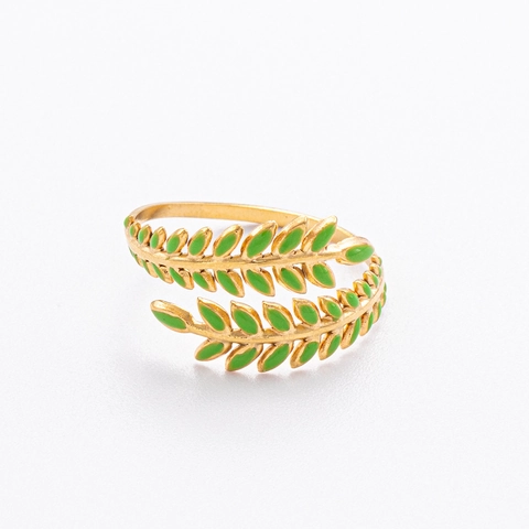 Adjustable Olive Branch Ring Stainless Steel 18K Gold Plated Enamel Leaf Open Band Jewelry For Women