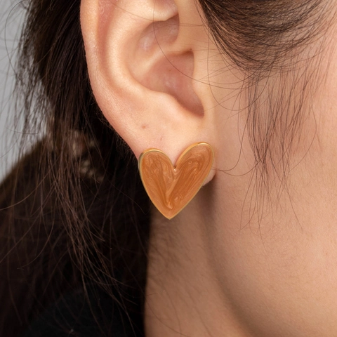 Boucles d'Oreilles Cœur en Acier Inoxydable Vintage Français Boucles d'Oreilles Clous Rondes en Émail pour Femmes Bijoux de Mode