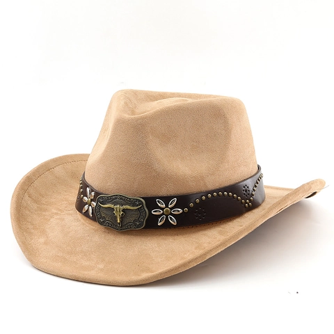 Westerse Cowboyhoed Suède Polyester Brede Gebogen Rand Stierkop Gesp Leren Band Retro Etnische Stijl Mannen Vrouwen