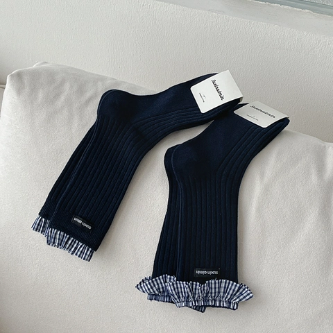 Japanse Preppy Stijl Halverwege De Kuit Sokken Gekamde Katoen Geruite Ruches Strik Ribgebreid Ademend Dames