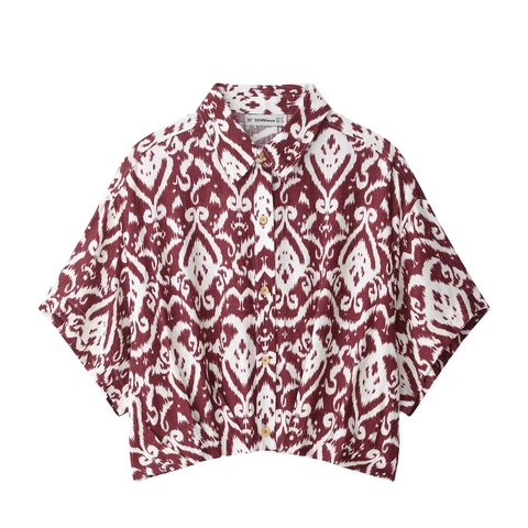 Camisa De Manga Corta Con Estampado Ikat Bohemio Y Minifalda Cruzada Con Borlas De Cuentas Conjunto De Vacaciones