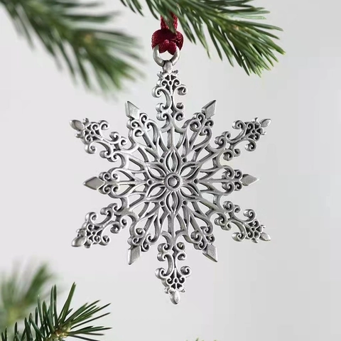 Christmas Hanging Ornaments Antique Silver Metal Tree Decorations Red Ribbon Snowflake Reindeer Angel Gnome Holiday Decor