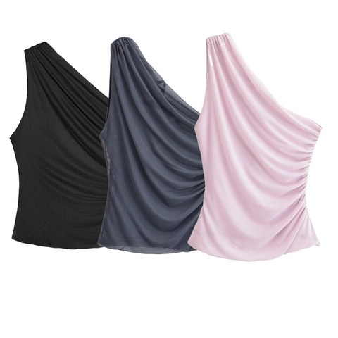 Top In Mesh Monospalla Con Arricciatura Asimmetrico Slim Fit Sexy Poliestere Senza Maniche Per Donna