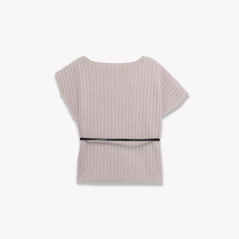 Ribbed Knit Top Women Short Sleeve Off Shoulder Sweater Urban Elegant With Thin Belt Gold Buckle Casual Knitwear