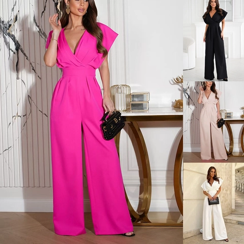 Women Deep V Neck Jumpsuit Polyester Short Sleeve High Waist Wide Leg Solid Color Elegant Office Commuter Long Romper