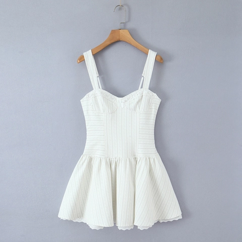 Weißes Camisole Minikleid Spitzenbesatz Floral Jacquard Streifen Französischer Süßer Stil Schleife A-Linie Slipkleid