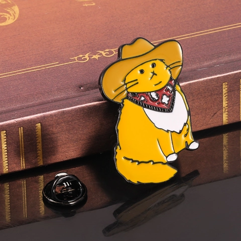 Broche De Esmalte De Gato Vaquero De Dibujos Animados Alfiler De Solapa De Animal De Aleación Con Sombrero Marrón