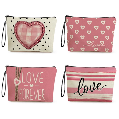 Canvas Cosmetische Tas Met Hart Print Rits Polsband Grote Capaciteit Linnen Make-Up Tas Voor Vrouwen Valentijnsdag Cadeau