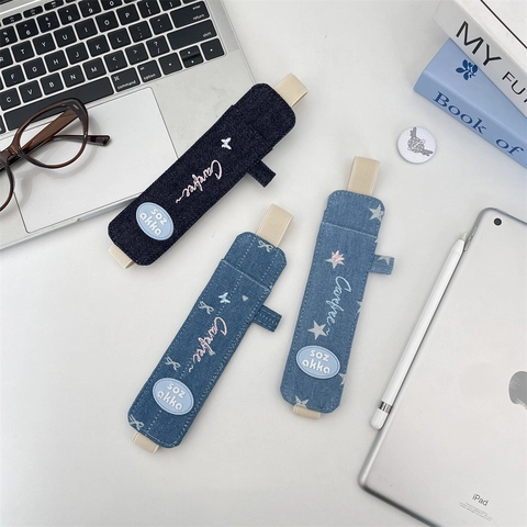 Portapenne In Denim Fascia Elastica Custodia Per Penna Per Notebook Tablet Tessuto Denim Ricamato Stella Farfalla Blu