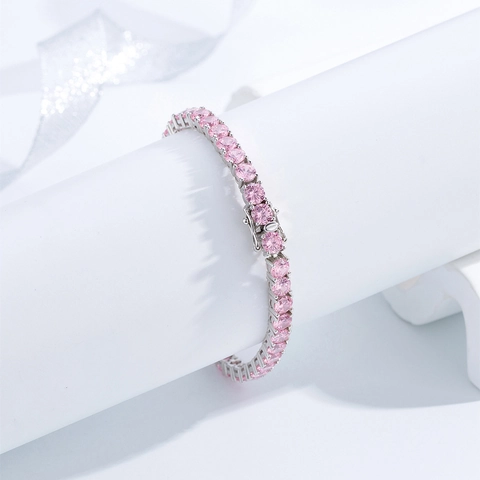 Bracciale da Tennis in Argento Sterling 925 con Strass Rosa a Taglio Rotondo Catena Luccicante Gioielli Moda Hip Hop da Donna