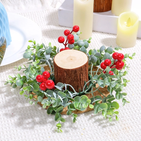Ghirlanda Artificiale Per Candele Natalizie Con Bacche Rosse Foglie Di Eucalyptus Decorazione Tavola In Plastica