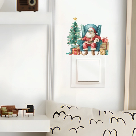 Weihnachten Weihnachtsmann Und Weihnachtsbaum Schalter Aufkleber PVC Wandtattoo Cartoon Lichtschalter Dekoration Für Zuhause