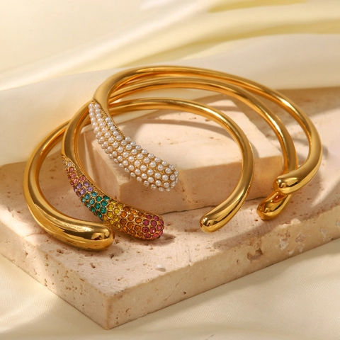 Bracelet Jonc Minimaliste Acier Titane Plaqué Or 18K Strass Künstliche Perle Bangle Ouvert Pour Femmes Bijoux De Luxe