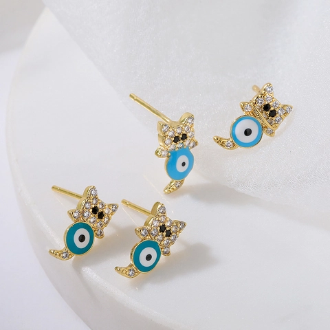 Cute Cat Evil Eye Stud Earrings 18K Gold Plated Copper Colorful Enamel Cubic Zirconia Inlaid Tiny Animal Jewelry Women
