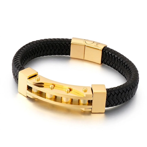 Men Braided Leather Bracelet Stainless Steel Magnetic Clasp Mechanical Industrial Style Retro Punk Wristband Jewelry
