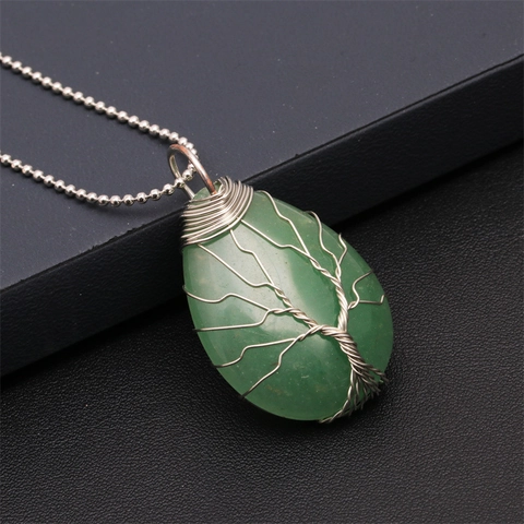 Tree Of Life Natural Stone Crystal Teardrop Heart Pendant Necklace Hand Wrapped Wire Ball Chain Jewelry For Women