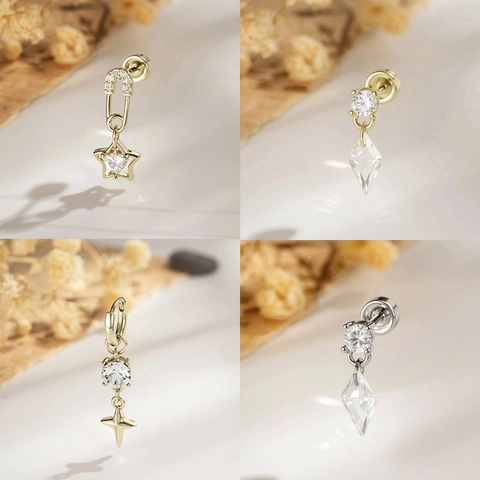 Zircon Star Rhombus Dangle Cartilage Piercing Stud Titanium Steel Earring Post Screw Back Vintage Fashion Jewelry