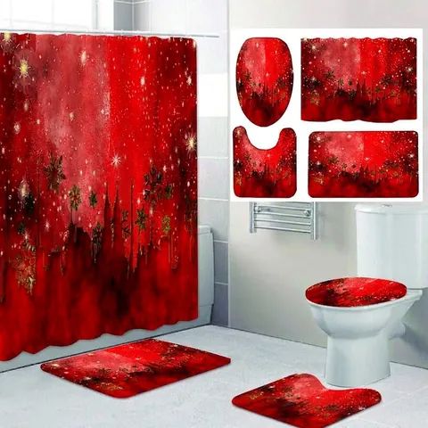 Christmas Shower Curtain And Bath Mat And Rug And Toilet Lid Cover Polyester Flannel Waterproof Non Slip Holiday Decor