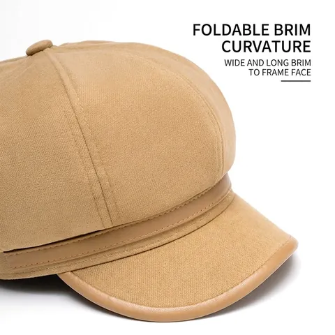 Vintage Newsboy Cap Octagonal Hat Cotton Polyester Blend PU Leather Trim Adjustable Retro British Style For Women