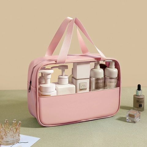 Cosmetic Toiletry Bag PU Leather And Transparent PVC Waterproof Large Capacity Portable Travel Storage Organizer For Women