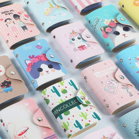 Cute Cartoon PU Leather Card Holder With Multi Slots And Snap Button Closure Portable Mini Wallet For Women Students