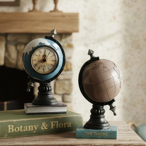 Reloj De Escritorio Globo Terráqueo Resina Mapa Antiguo Decoración De Mesa Para Oficina Hogar Esfera Números Romanos