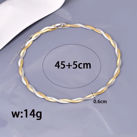 Two Tone Twisted Snake Bone Chain Necklace 18K Gold Plated Stainless Steel Interwoven Flat Blade Chain Jewelry Women