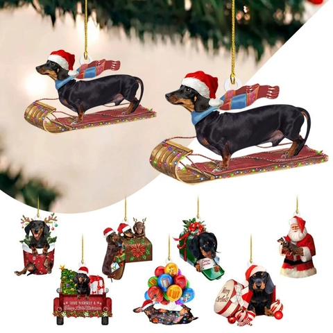 Dachshund Dog Christmas Hanging Ornament Acrylic Flat Cartoon Animal Decoration For Holiday Tree And Home Decor