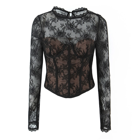 Top Sexy De Encaje Negro De Manga Larga Para Mujer Blusa Corsé Floral Transparente Con Varillas Y Forro Color Piel