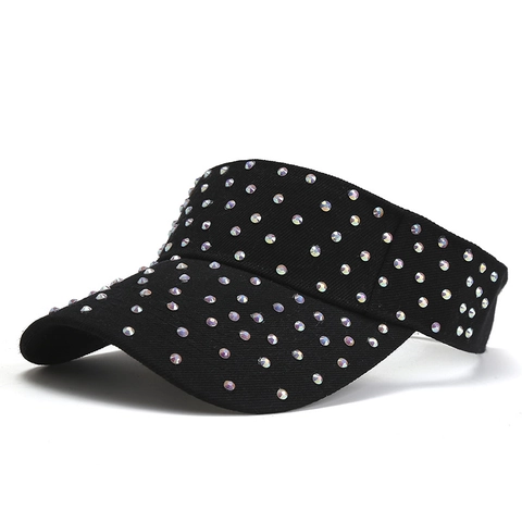 Women Fashion Rhinestone Sun Visor Hat Polyester Summer UV Protection Empty Top Cap Outdoor Casual Sport Sunshade Hat