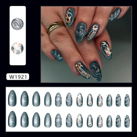 Chic New Chinese Style Press On Nails ABS Plastic 3D Relief Water Ripple Cat Eye Effect Koi Fish Pattern Almond Shape