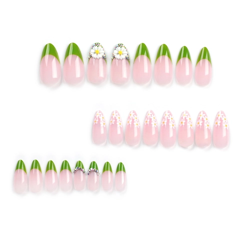 Almond Press On Nails Long French Green Tip 3D White Daisy Floral Relief With Rhinestones Glossy False Fingernails For Women
