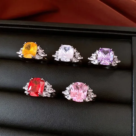 Square Cushion Cut Zircon Open Ring Copper French Vintage Luxury Hand Jewelry For Women Adjustable Accessory