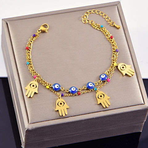 Double Layer Gold Titanium Steel Bracelet For Women Blue Enamel Evil Eye Elephant Tree Of Life Hamsa Palm Charm Jewelry