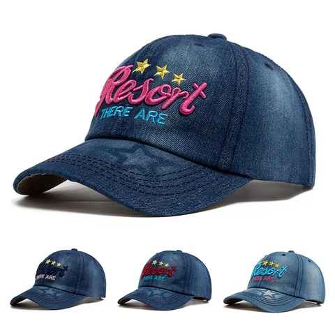 Cappellino Da Baseball In Denim Lavato Cotone Ricamato Lettere Resort Stelle Retro Cappello Parasole Regolabile