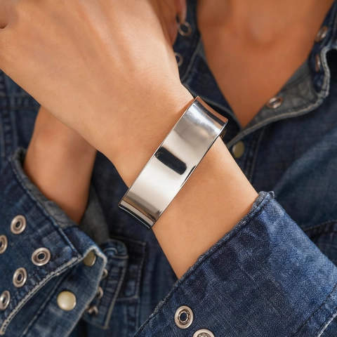 Wide Cuff Bracelet Metallic Polished Iron Geometric Open Bangle Minimalist Chic Jewelry For Women Silver Tone