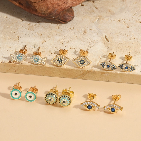 Evil Eye Stud Earrings Copper Micro Pave Zircon Turkish Style Fashion Jewelry For Women Gold Plated Fish Shape Designs