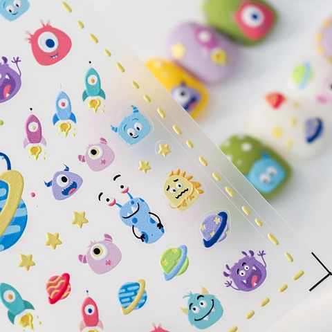 3D Relief Nail Art Stickers Ultra Thin Self Adhesive Cartoon Monster Space Planet Theme PET Decals For Manicure