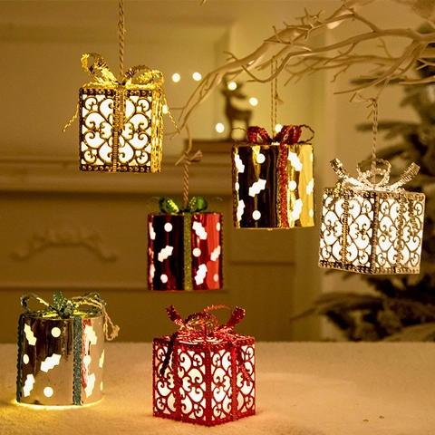 Ornamenti Sospesi Scatola Regalo Natale LED Alluminio Metallo Cavo Alimentato Batteria Luce Calda Fiocco Decorazione