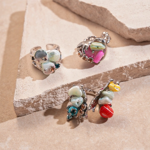 Anillos Abiertos De Mariposa Con Flor De Corazón De Concha Colorida Aleación Con Joyería Dulce Ajustable Para Mujer
