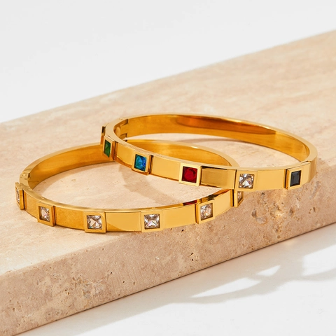 Square Cubic Zirconia Stainless Steel Bangle Bracelet Gold Silver Plated Geometric Hinged Buckle Elegant Jewelry Women