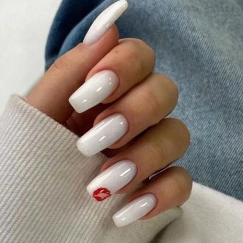 Medium Long European Square Press On Nails Glossy White With Red Lip Print Patterns For Women