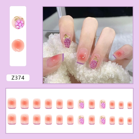 3D Grape Press On Nails Blush Gradient Purple French Tip Short Square Glossy Artificial Finger Nails