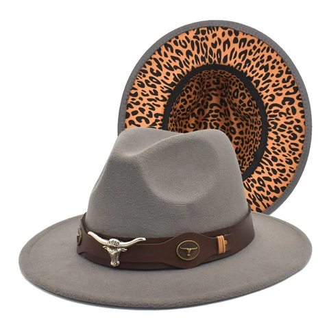 Wide Brim Fedora Hat Wool Felt Bull Head Leather Belt Leopard Print Brim Western Jazz Hat For Women