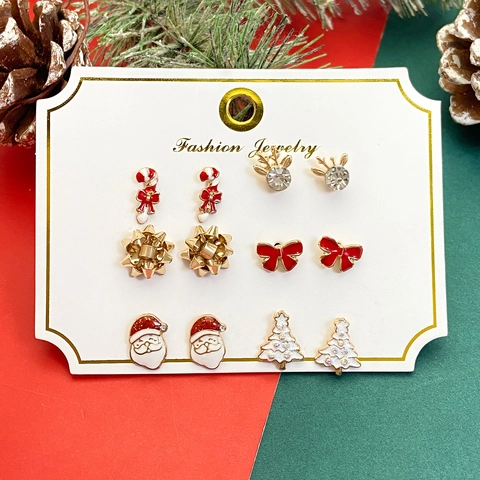 Christmas Stud Earrings Alloy Rhinestone Artificial Pearl Santa Claus Elk Snowman Snowflake Festive Party Jewelry Gift