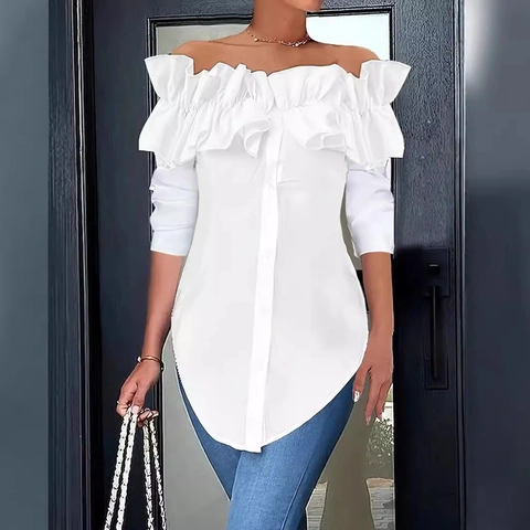 Women Casual Long Sleeve Off Shoulder Ruffle Blouse Solid Color Single-Breasted Elegant Commuter Shirt
