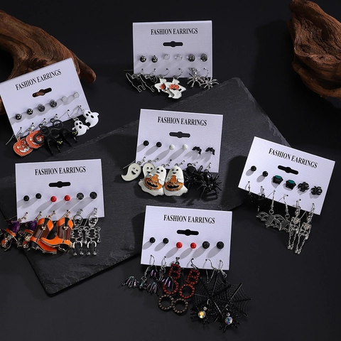 Set Orecchini Halloween Donna Gotico Lega Smalto Zucca Fantasma Ragno Pipistrello Teschio Orecchini a Bottone Gioielli Party