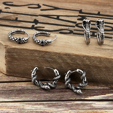 Pendientes De Aro De Serpiente Cobra Retro Acero Inoxidable Titanio Circón Negro Joyería Hip Hop Punk Gótico Hombres Mujeres